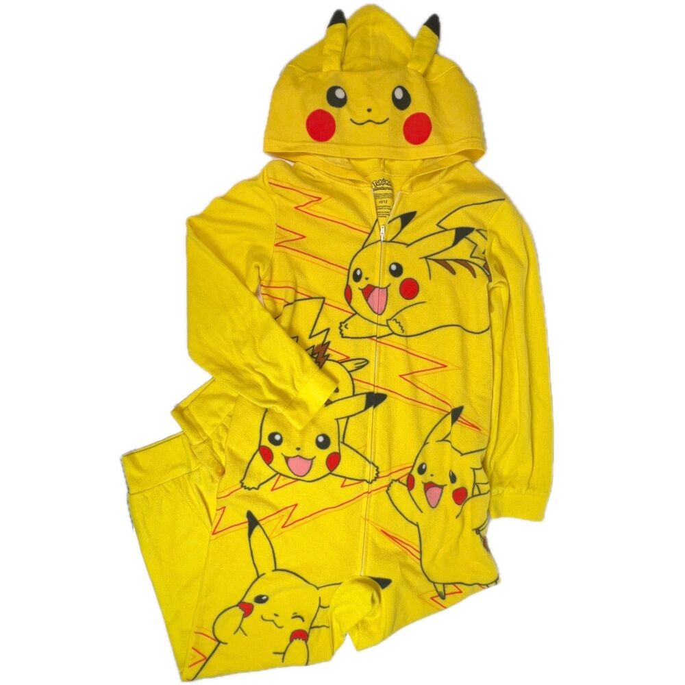 Pokemon Pikachu Kids Hooded One Piece Pajama Blanket Sleeper Union Suit Sz 10/12